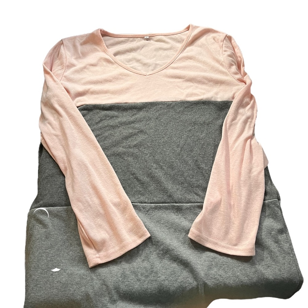 Pink and gray sweater.